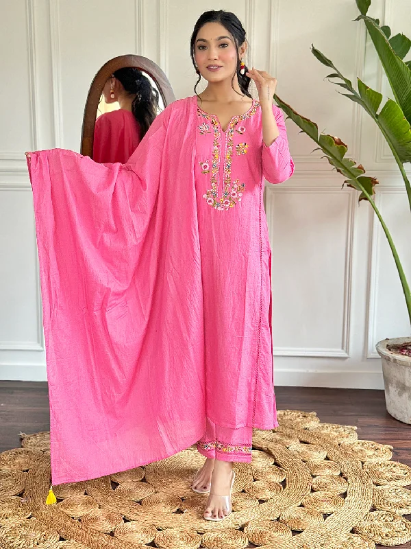 Women's Pink Thread Work Viscose Fabric Straight Kurta, Pant And Dupatta Set - The52 Trendy Tapered Pants