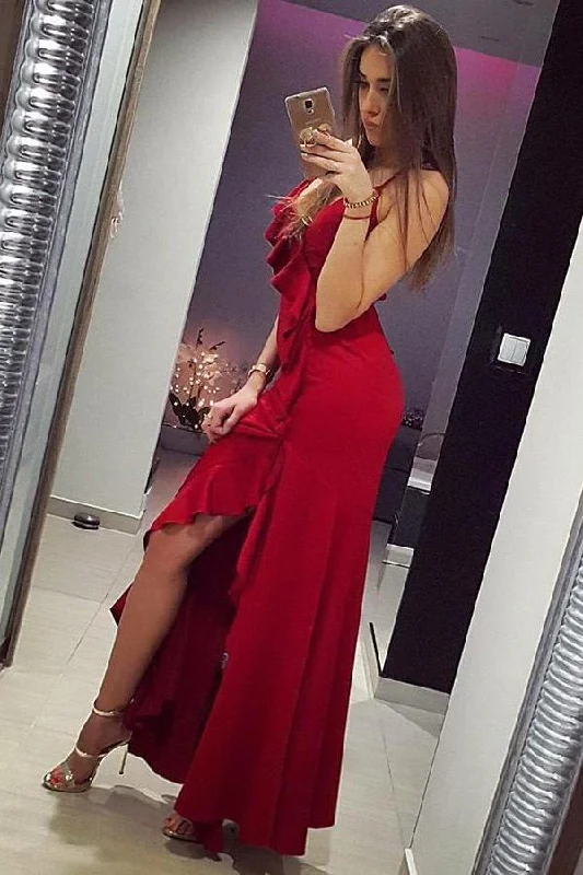 Mermaid Spaghetti Straps Red Satin Prom Dresses with Ruffles Long Party Dress WK400 Tunics Review highly