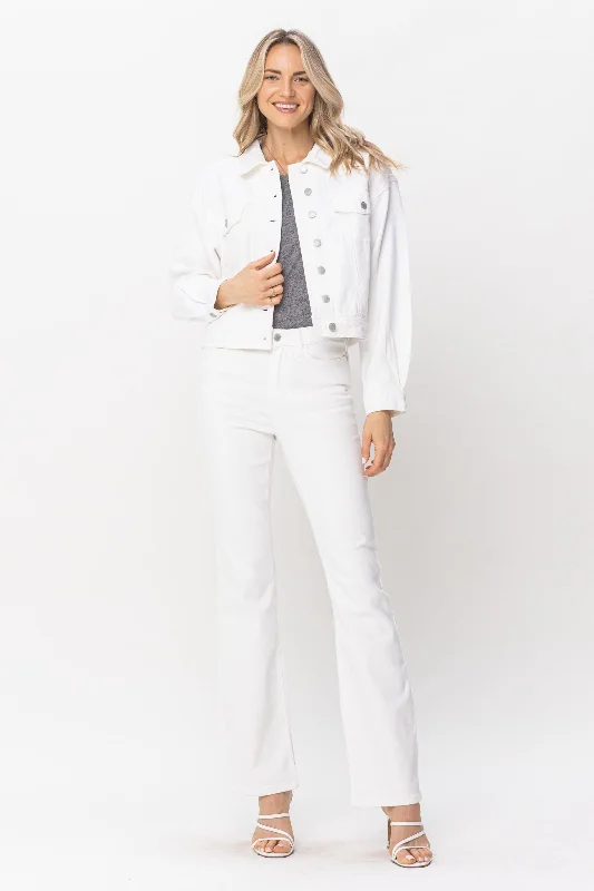 Judy Blue Emery Denim Jacket - White Stand-Up Collar Roll-Neck Collar Turtle Neck