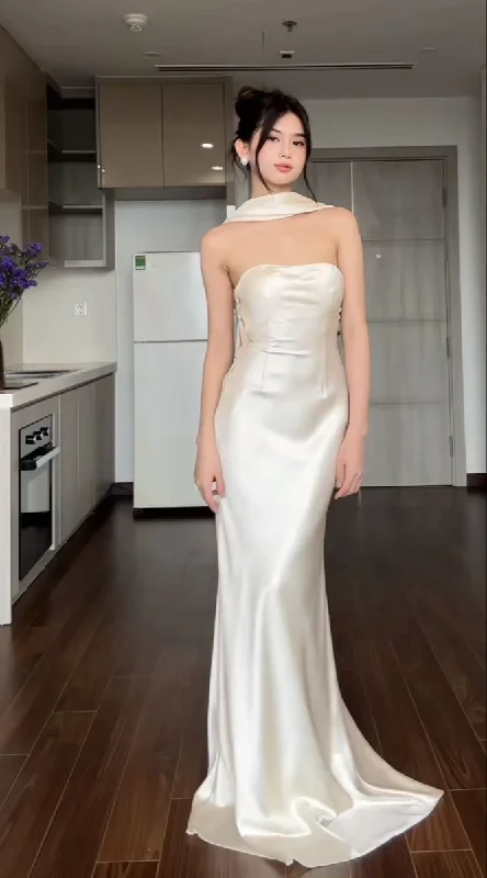 Elagant Ivory Halter Mermaid Satin Long Party Dress, DP4180 Tunics Gym athletic