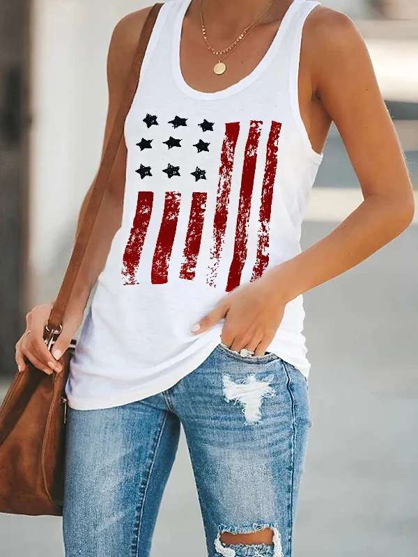 Red Star Striped Sleeveless Tank Top with Round Neck graphic tank top