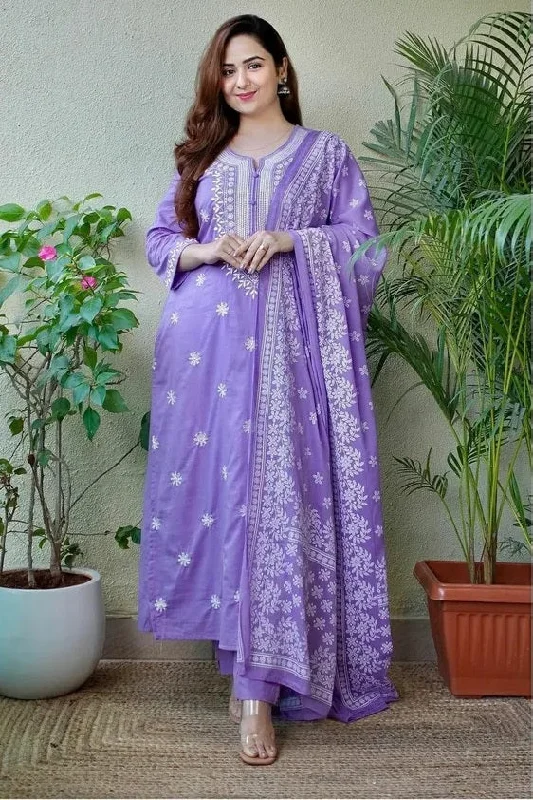 Women'S Party Wear Embroidery Worked Kurta With Pant And Duppata Set - Dwija Fashion Trendy Wide-Leg Pants