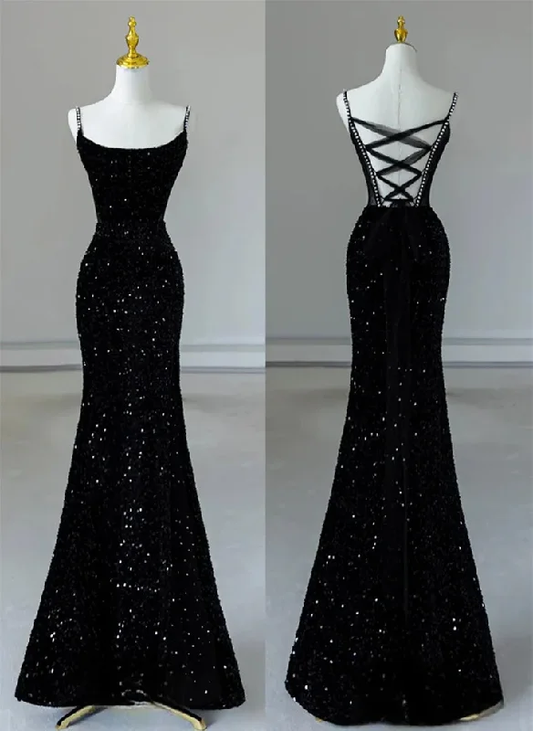 Black Spaghetti Straps Mermaid Sequined Long Party Dress, DP3610 Tunics Running lightweight