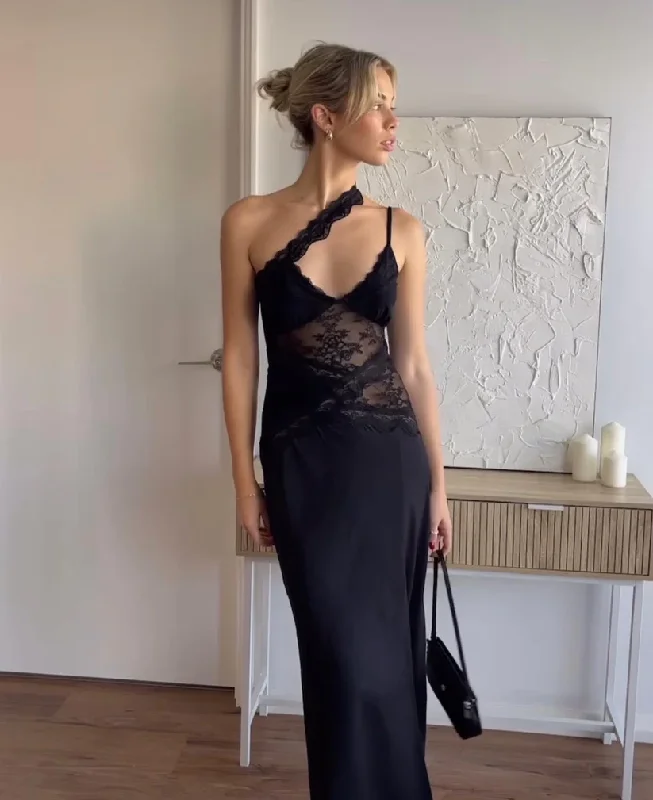 Sexy Black Straps Lace Satin Mermaid Long Party Dress, DP2357 Tunics Denim casual