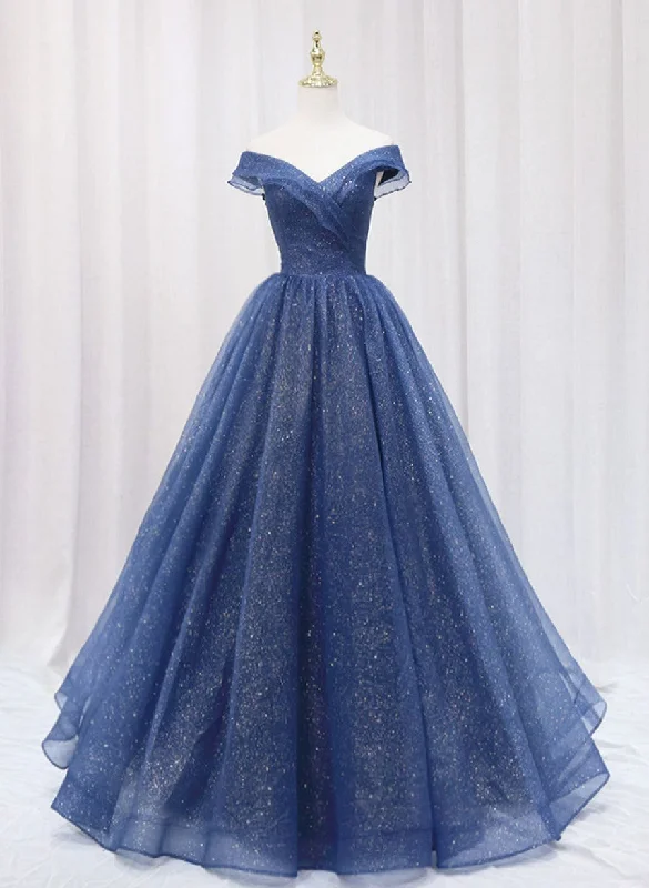 Blue Off Shoulder Sweetheart Long Party Dress, A-line Blue Formal Dress Tunics Mesh breathable