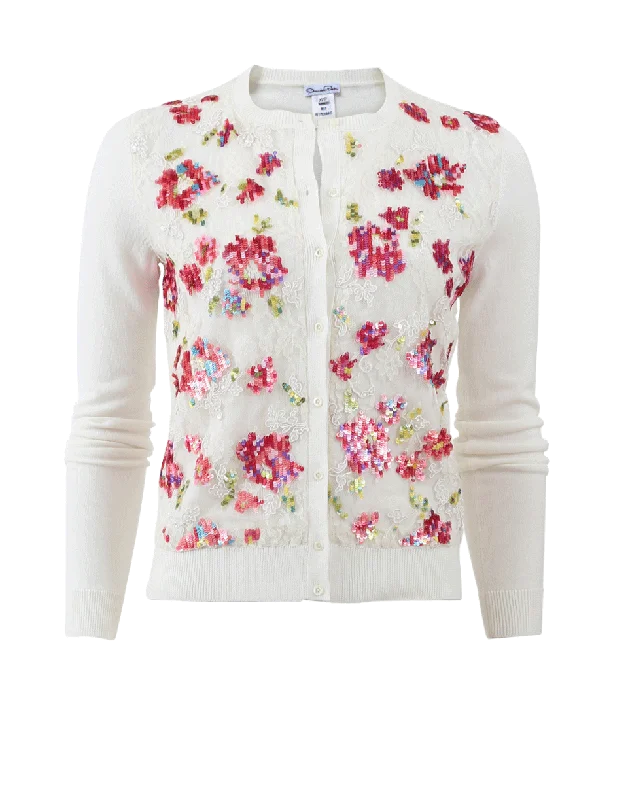Embroidered Cardigan Satin Blend Silk Blend Wool Blend