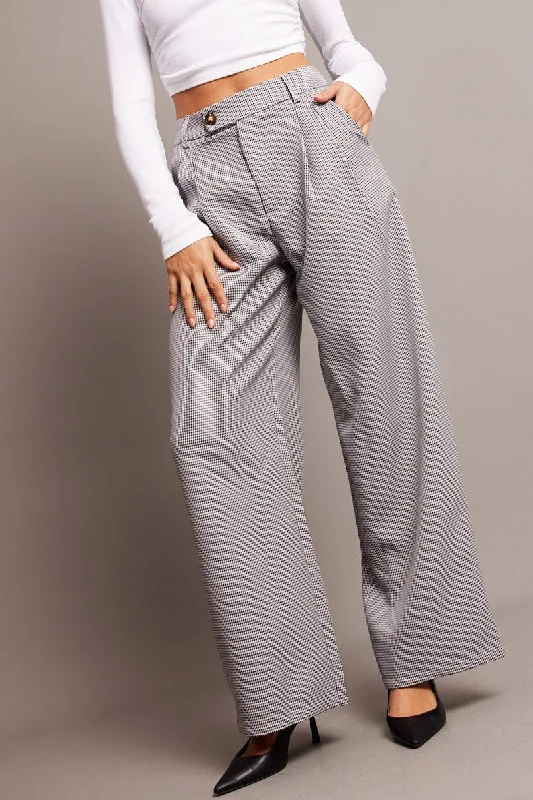 Black Check Wide Leg Pants High Rise Comfortable Cargo Pants