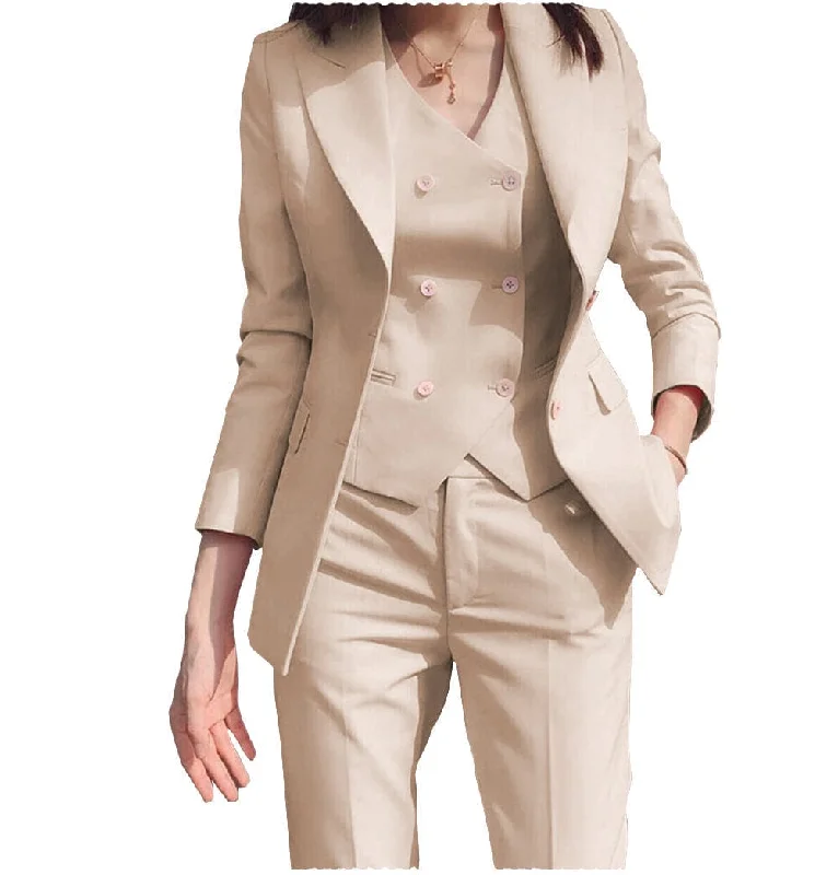Women Business Suit 3 Pieces Slim Fit Solid Color Peak Lapel Suit (Blazer+vest+Pants) Lightweight Linen Pants