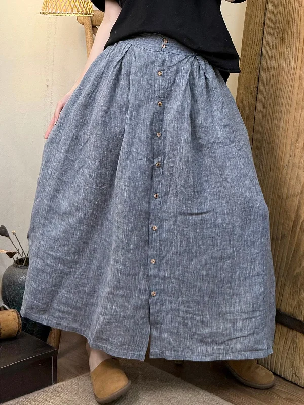 Women Summer Retro Pure Color Buttoned Linen Skirt silk skirt lustrous