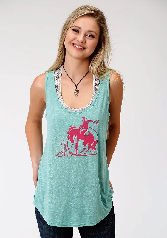 Roper Womens Green Poly/Rayon Pink Bronco Tank Top high neck tank