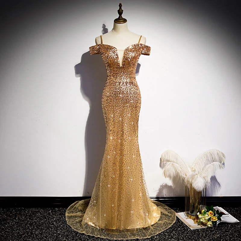 Gold Spaghetti Strap Luxurious Sequins Mermaid Formal Party Dress,DP1156 Tunics Timeless classic