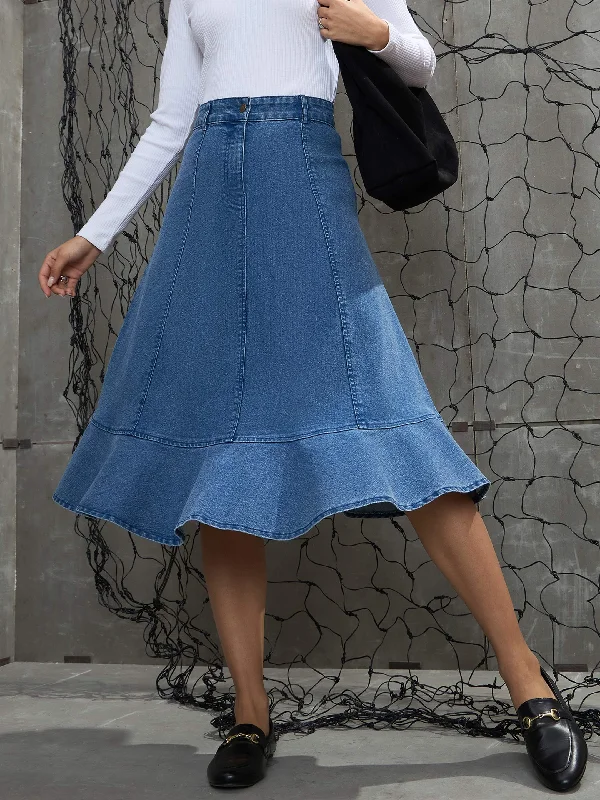 Women Blue Washed Denim Flared Hem Skirt silk skirt luxurious