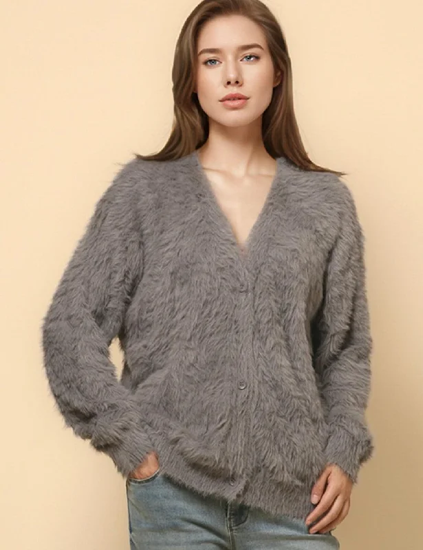 Ladies Solid Color Faux Mink V-Neck Cardigan SKT4730 Velvet Chenille Corduroy