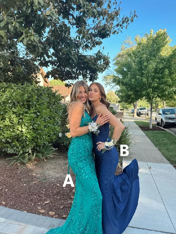 Navy Blue Straps Mermaid Shiny Long Formal Party Dress, DP3741 Crew Neckline Casual