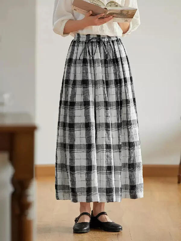 Women Summer Retro Plaid Loose 100%Linen Skirt linen skirt natural