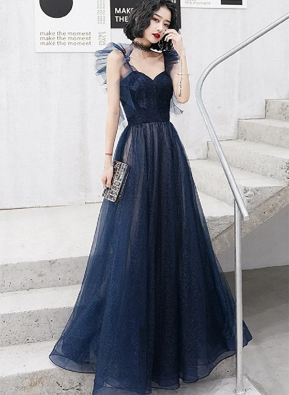 Navy Blue Tulle Sweetheart A-line Long Formal Dress, Blue Prom Dress Party Dress Square Neckline Feminine