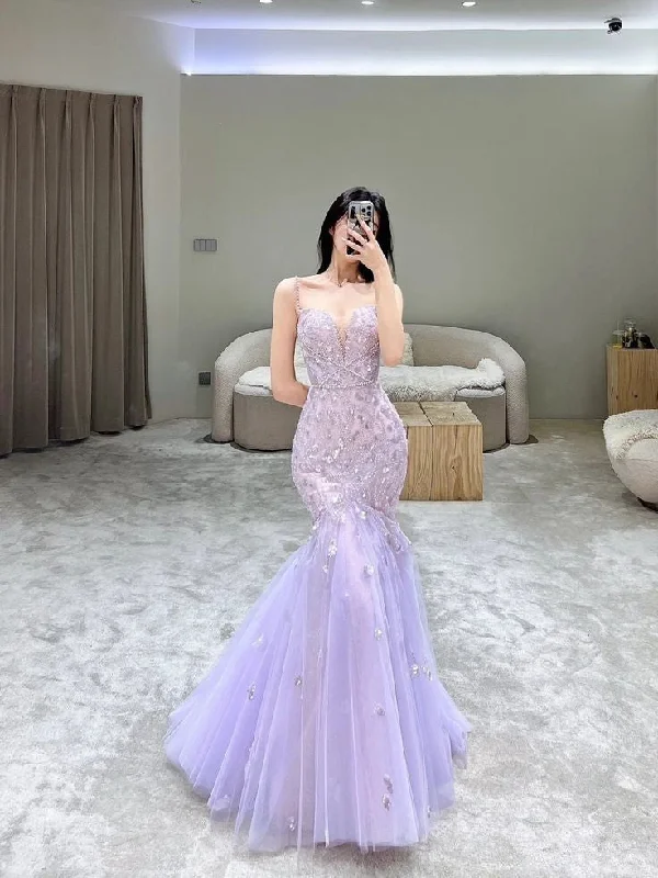 Lilac Straps Mermaid Tulle Long Party Dress Evening Gown, DP4160 Tunics Running lightweight