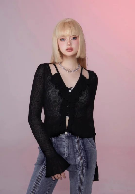 Flared Sleeve Ruffle Slim Cardigan GIF0004 Zippered Buttoned Snapped