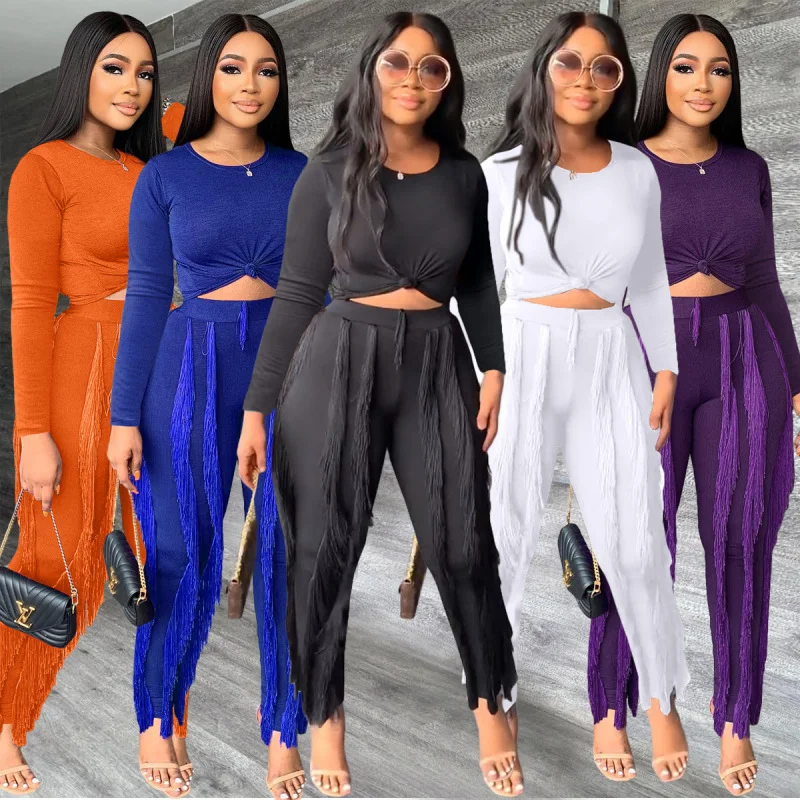 Women Solid Color Crewneck Long Sleeve Top And Tassel Pants Fashion Two-Piece Set Chic Faux Leather Pants