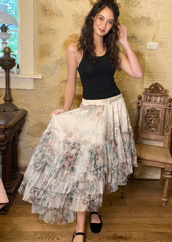 Ballerina skirt - Cream Floral denim skirt stylish