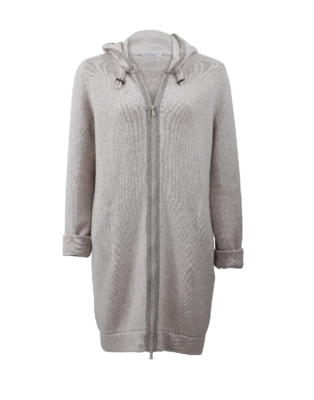 Long Hooded Cardigan With Monili Trim Faux Fur Fabric Real Fur Fabric Shearling Fabric