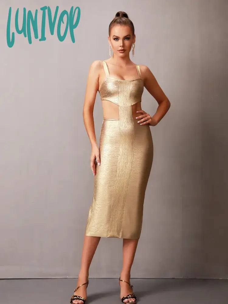 Lunivop  Women Summer Sexy Cut Out Gold Bronzing Print Midi Bodycon Bandage Dress Elegant Evening Club Party Dress Tunics Essential wardrobe