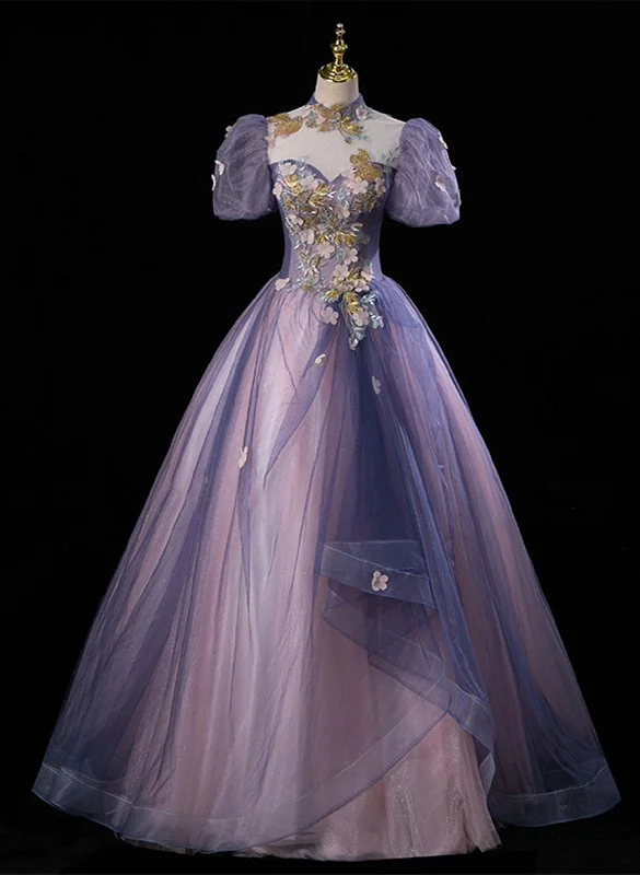 Purple and Pink Tulle High Neckline Long Party Dress, Ball Gown Tulle Sweet 16 Dress Pleated Skirt Elegant