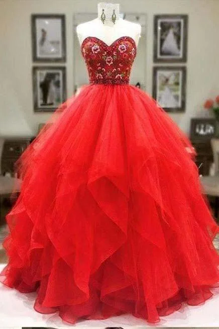 Ball Gown Sweetheart Strapless Embroidery Red Prom Dresses Long Party Dresses WK364 Tunics Timeless classic