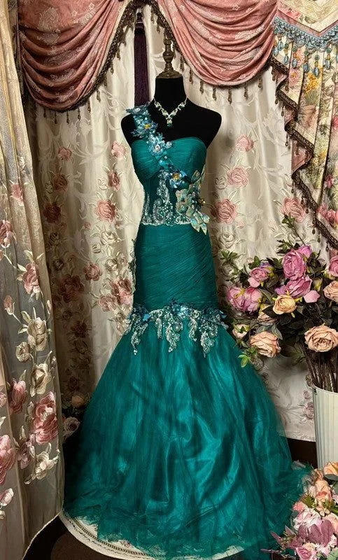 Green One Shoulder Appliques Tulle Mermaid Long Evening Gown Party Dress, DP4374 Tunics Print Colorful