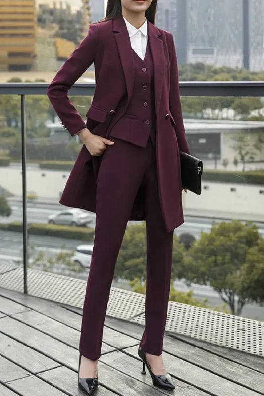 Formal Business 3 Pieces Women Suit Flat Notch Lapel (Blazer+vest+Pants) Elegant Dress Pants