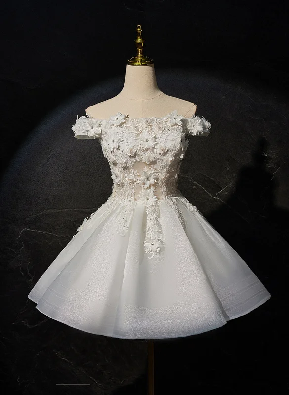 White Lovely Short Tulle with Lace Off Shoulder Party Dress, White Graduation Dress Prom Dress Lace Sexy Club