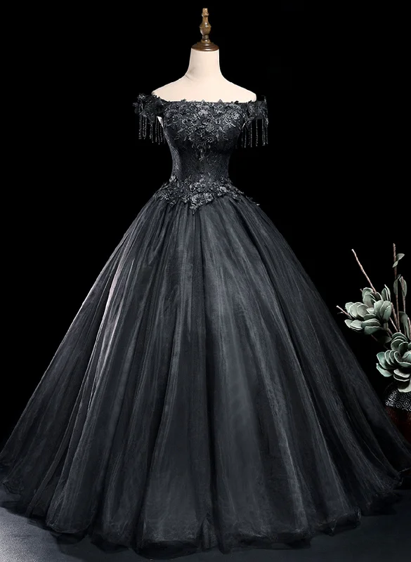 Black Off Shoulder with Lace Applique Long Party Dress, Black Sweet 16 Dress Formal Dress Tunics Trendy modern