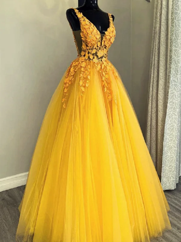 Yellow Tulle with Lace Applique Long Party Dress, A-line Yellow Formal Dress Tunics Plaid country