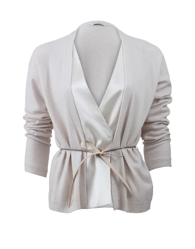 Satin Belted Cashmere Cardigan Fitted Loose Oversized