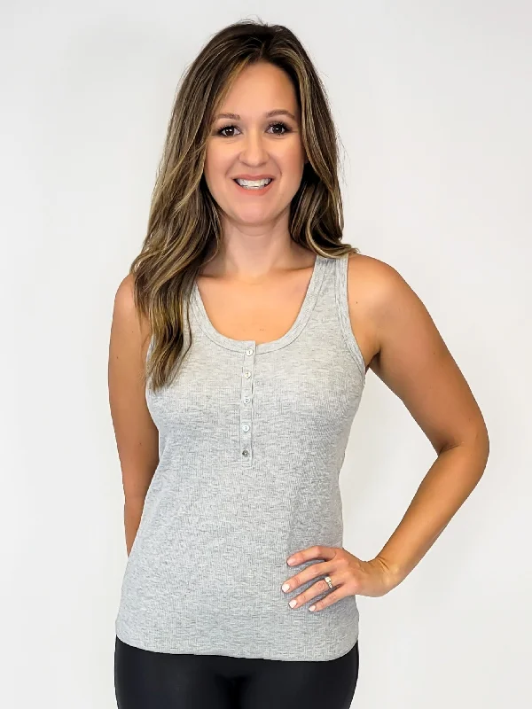 RIBBED HENLEY KNIT TANK - H GREY black tank top