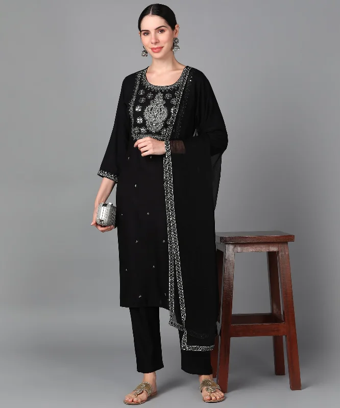 Women's Rayon Embroidered Work Black Straight Kurat Pant With Dupatta Set - AAYUMI Comfortable Maternity Pants