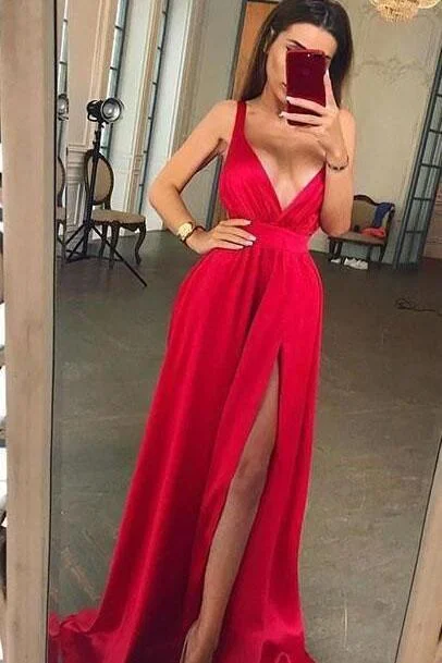 Sexy Chiffon Long Red Prom Dresses Long V Neck Evening Party Dress with Split Slit P1054 Tunics Designer luxury