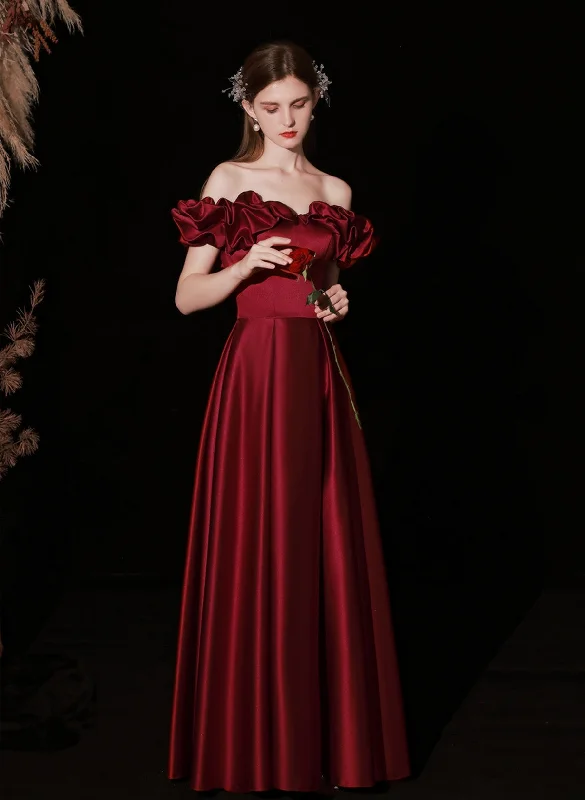 A-line Satin Simple Off Shoulder Floor Length Party Dress, Wine Red Long Prom Dress Pencil Length Work