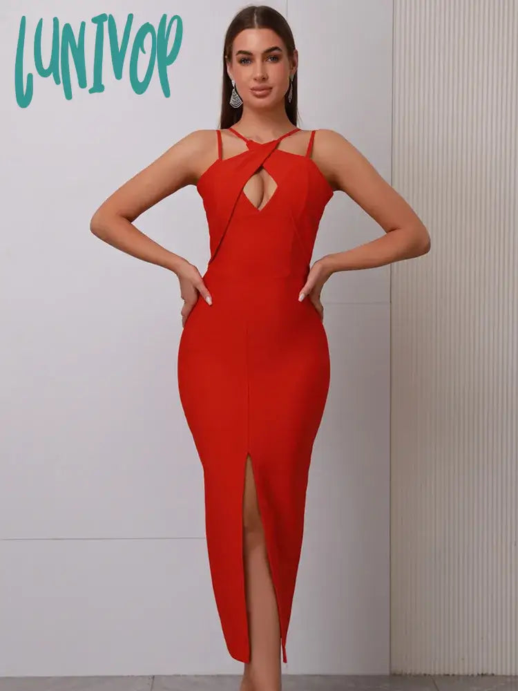 Lunivop Newest Women Celebrity Sexy V Neck Key Hole Red Black Midi Bodycon Bandage Dress  Knitted Elegant Evening Club Party Dress Tunics Short Trendy