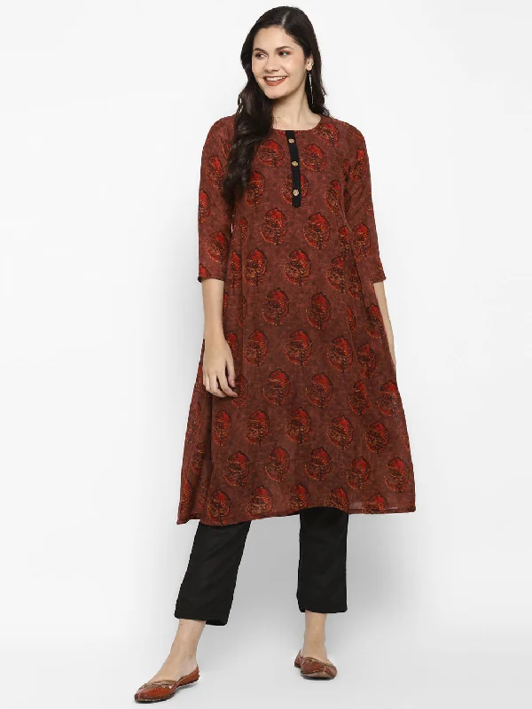 Women's Maroon Color Chanderi Silk Blend Straight A-Line Digital Printed Kurta pant Set - VAABA Fashionable Sporty Pants