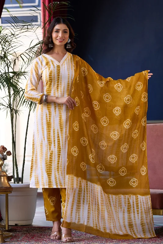 Women's Yellow Printed Viscose Rayon Kurta, Pant And Dupatta Set - Alvami Comfortable Maternity Pants