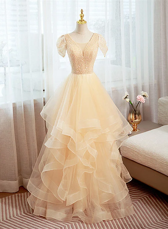 Champagne Tulle Short Sleeves with Beaded Long Party Dress, Champagne Prom Dress Tunics Denim casual