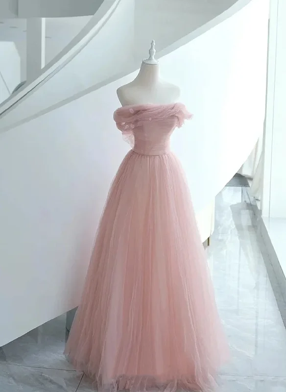 Pink Tulle Scoop A-line Floor Length Party Dress, Pink Off Shoulder Formal Dress Prom Dress Tunics Running lightweight