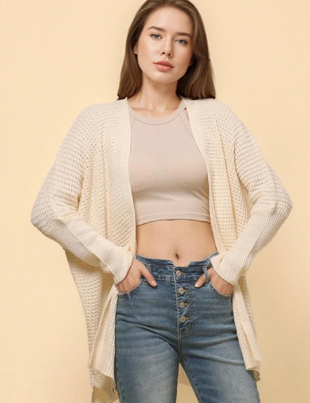 Ladies Solid Color Drop Shoulder Open Cardigan SKT4770 Zippered Front Buttoned Front Snap Front