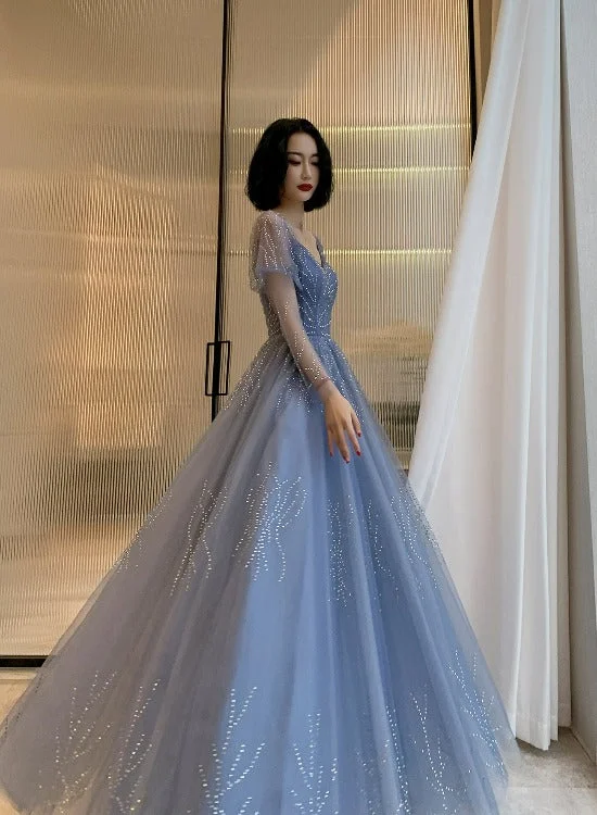 Blue Tulle Beaded Long Formal Dress Party Dress, Beautiful Blue Prom Dresses Tunics Trendy modern