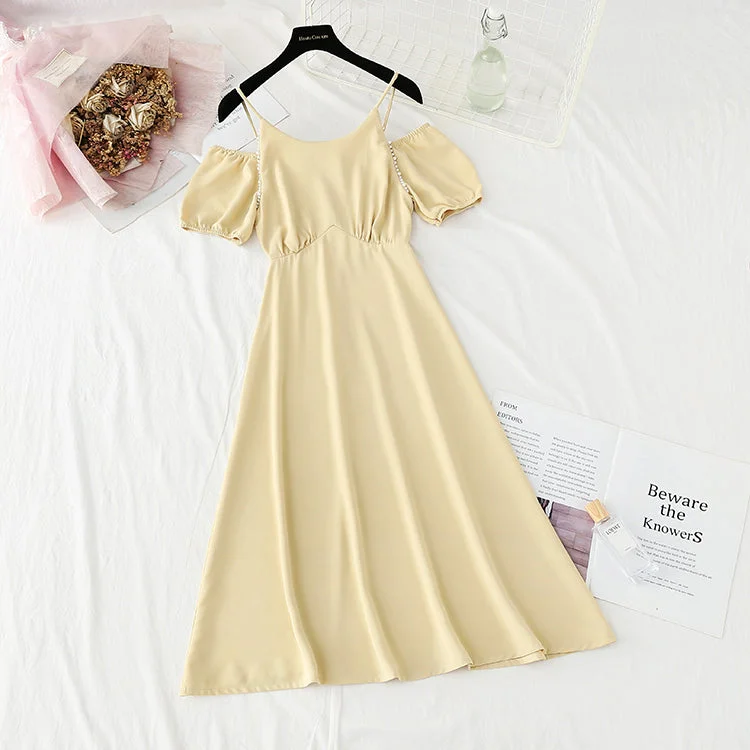 New French pearl off shoulder sling small skirt Bubble Sleeve Chiffon Skirt  4870 velvet skirt sumptuous