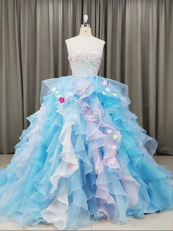 Gorgeous Organza Flowers Blue Sweet 16 Gown, Handmade Party Dress Tunics Corduroy durable
