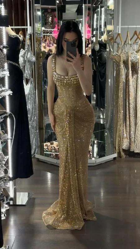 Gorgeous Gold Straps Mermaid Long Evening Party Dress DP3902 Tunics Stylish modern