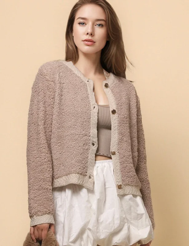 Ladies Color Block Botton Closure Cardigan SKT4752 Chenille Brocade Lace