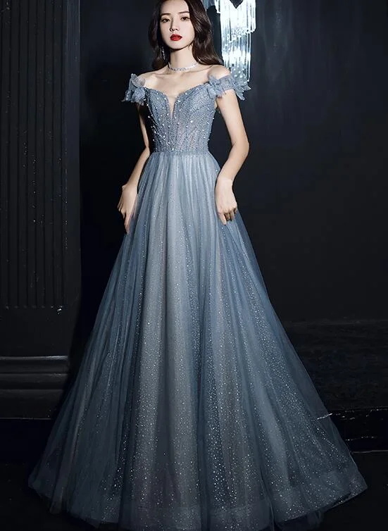 Beautiful Pretty Bue Beaded Off Shoulder Long Formal Dress Party Dress, Blue Evening Gowns Tunics Sophisticated sleek